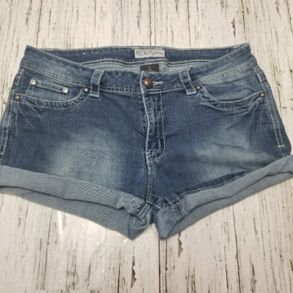 DARK Faded Demin Shorts Winged Decorative Pockets Size 8 Waist 16.5" Inseam 4"
